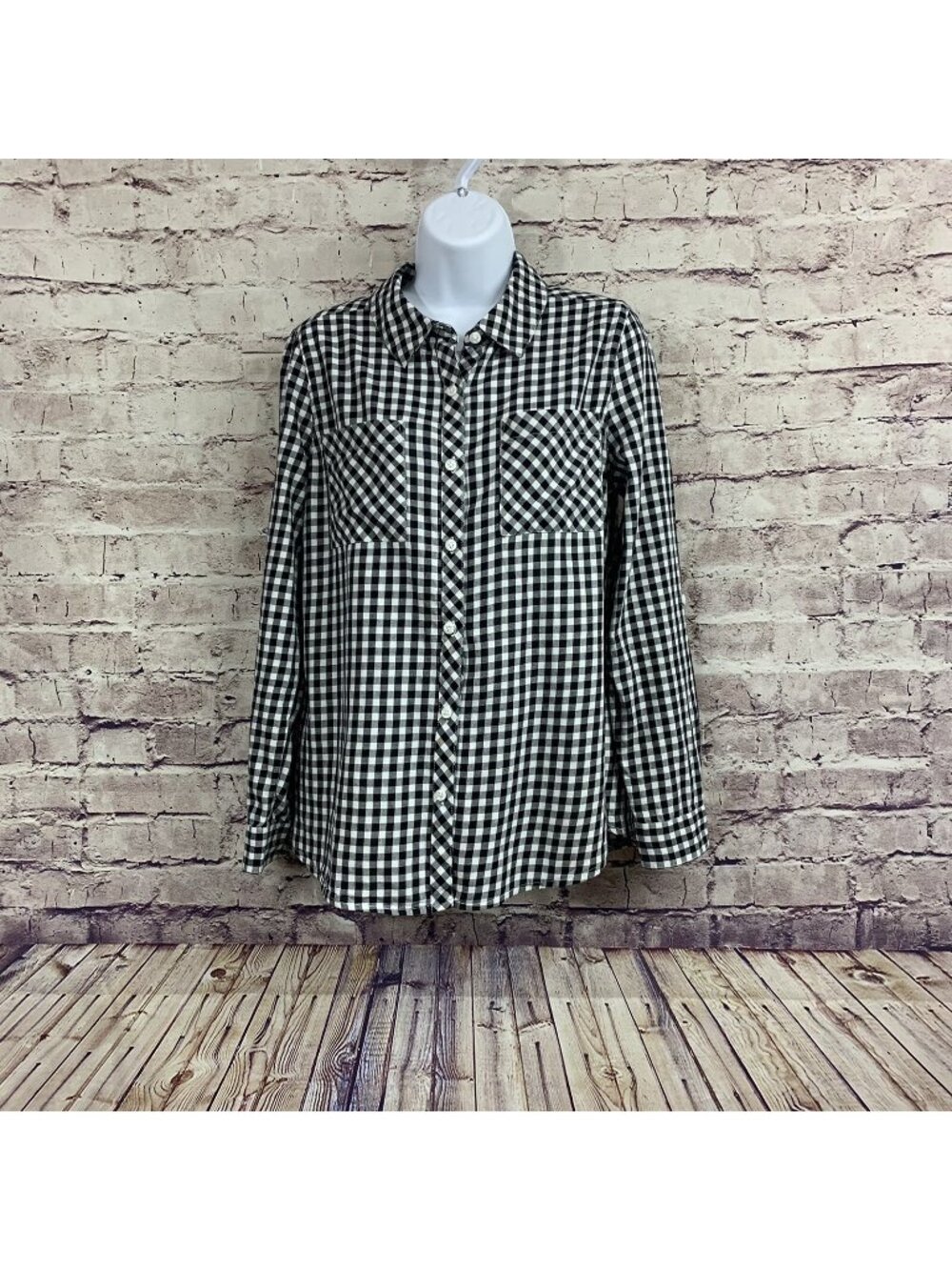 Relativity Black Check Button Roll Tab Sleeve Shirt